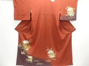 箔置き　扇面に十二単・秋草模様刺繍訪問着